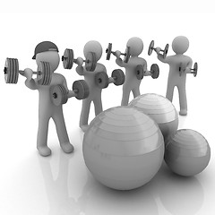 Image showing 3d mans with fitness balls and dumbells