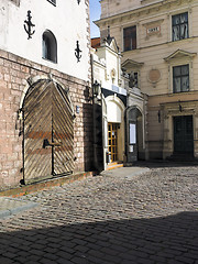 Image showing medieval buildings with old wooden door Riga Latvia Europe