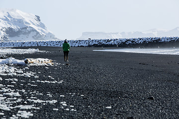 Image showing Woman walks along black sand beach in Vik, Iceland