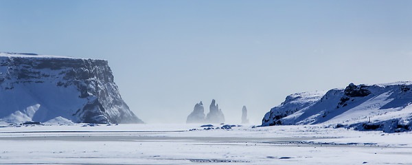 Image showing Panorama shot of three pinnacles of Vik, South Iceland   