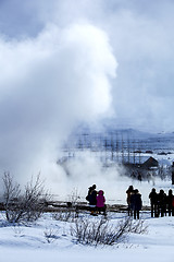 Image showing Visitors at the geyser erruption of Strokkur, Iceland