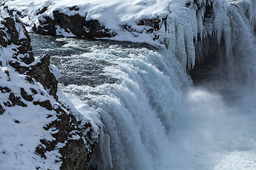 Image showing Closeup of frozen waterfall Godafoss, Iceland