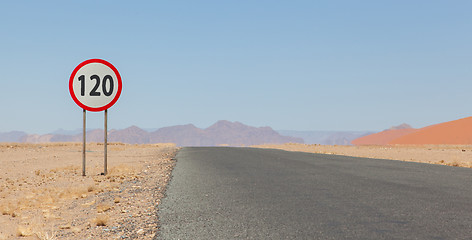 Image showing Speed limit sign at a desert road in Namibia