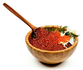 Image showing Red Caviar in Wood Bowl