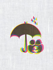 Image showing Protection concept: Family And Umbrella on fabric texture background