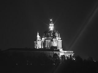 Image showing Black and white Basilica di Superga at night in Turin
