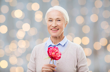 Image showing happy smiling senior woman with flower at home