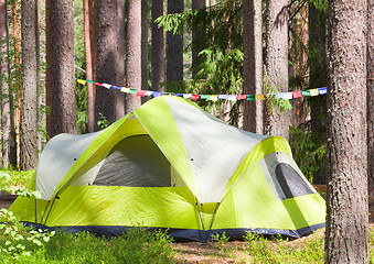 Image showing camping outdoor with  tent in woods in summer 