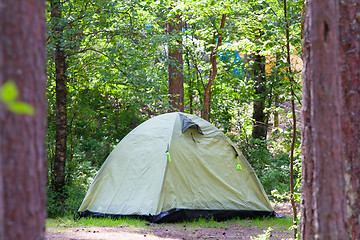 Image showing camping outdoor with  tent in woods in summer 