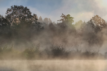 Image showing fog and sun  on the river