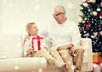 Image showing smiling grandfather and grandson at home