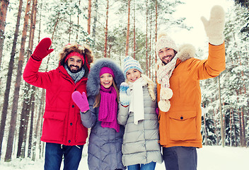 Image showing group of friends waving hands in winter forest