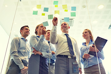 Image showing smiling business people with marker and stickers