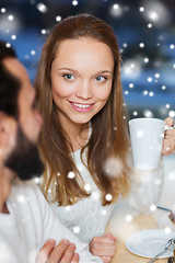 Image showing happy couple meeting and drinking tea or coffee