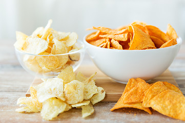 Image showing close up of potato crisps and nachos in glass bowl