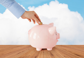 Image showing close up of hand putting coin into piggy bank