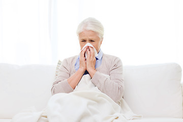 Image showing sick senior woman blowing nose to paper napkin