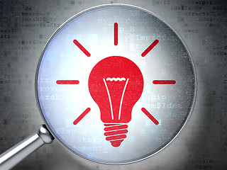 Image showing Business concept: Light Bulb with optical glass on digital background