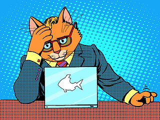 Image showing Business cat works for a laptop