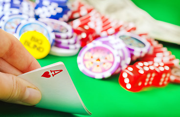 Image showing Card for poker in the hand, chips and card for poker