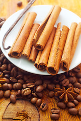 Image showing cinnamon and coffee on the white plate