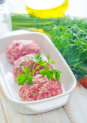 Image showing Raw meat balls in the white bowl