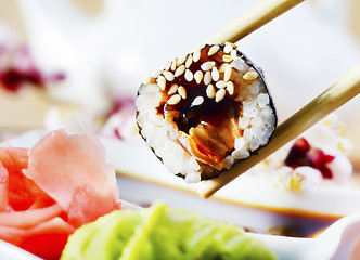 Image showing Fresh sushi and ginger with vasabi