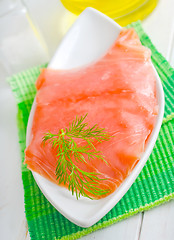 Image showing Fresh salmon in the white bowl