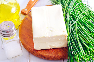 Image showing fresh cheese tofu on the wooden board