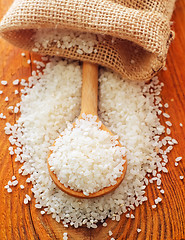 Image showing raw rice in the wooden spoon