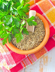 Image showing Dry parsley in the bowl, green parsley