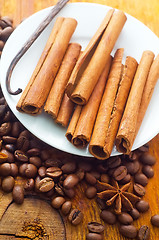 Image showing cinnamon and coffee on the white plate