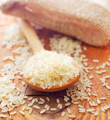 Image showing raw rice in the wooden spoon