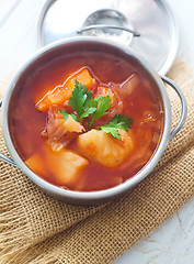 Image showing Delicious veal stew soup with meat and vegetables 