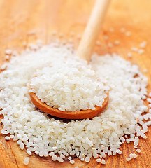 Image showing raw rice in the wooden spoon