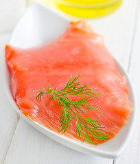 Image showing Fresh salmon in the white bowl