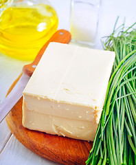 Image showing fresh cheese tofu on the wooden board