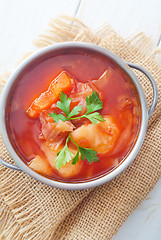 Image showing Delicious veal stew soup with meat and vegetables 