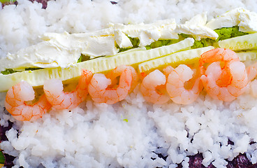 Image showing Fresh ingredients for sushi, rice and shrimps