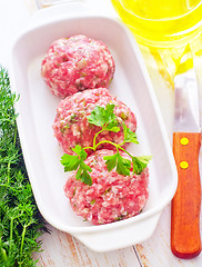 Image showing Raw meat balls in the white bowl