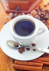 Image showing Fresh aroma coffee in the white cup, coffee and cinnamon