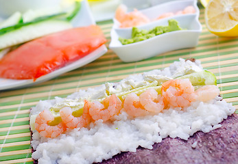 Image showing Fresh ingredients for sushi, rice and shrimps