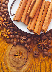 Image showing cinnamon and coffee on the white plate