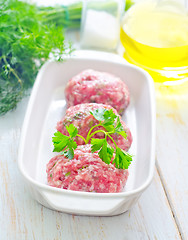 Image showing Raw meat balls in the white bowl