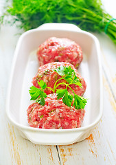 Image showing Raw meat balls in the white bowl