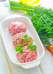 Image showing Raw meat balls in the white bowl