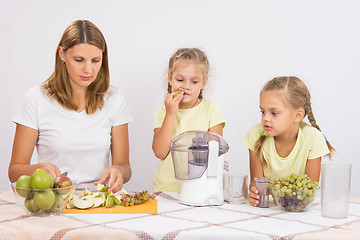 Image showing Mother and daughter preparing fruit for juicing