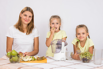 Image showing Mom and daughter sit at the table with a juicer and fruit