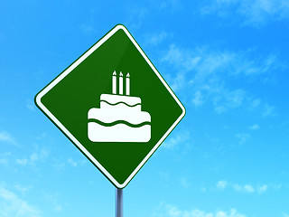 Image showing Entertainment, concept: Cake on road sign background