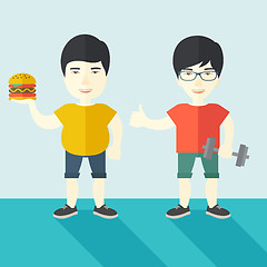 Image showing Men standing with hamburger and dumbbell.